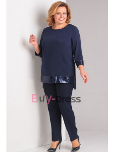 Plus Size Chic Navy Mother of the Bride Chiffon Pant Suit Dresses With Sequins TS031-2