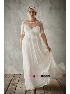 Plus Size Chiffon Beach Wedding Dresses, Bateau Empire Short Sleeves Bride Dresses bds-0057
