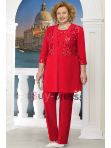 Plus size Three Piece Mother of the Bride & Groom Pant Suit Dresses Women's Chiffon Trouser sets Red TS034-3