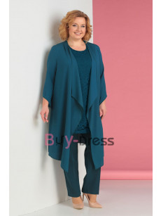 Plus Size Mother of the Bride Pant Suits that Hide belly 3PC Chiffon Trouser Outfit With Elastic Waist Green TS032