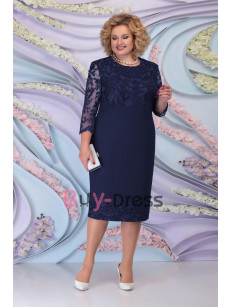 Plus size Navy Scoop Neckline Mother of the Bride Dress With Lace Three quarter sleeves MD2260