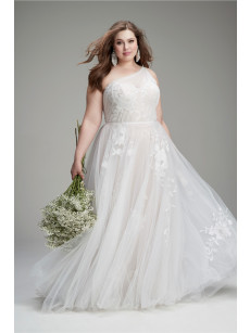 Plus size One Shoulder A-Line Tulle Appliques Wedding Dresses Bridal Gown Ivory & Nude PWD2216