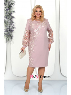 Pearl Pink Lace Long Sleeves Mid-Calf Plus Size Mother Of the Groom Dresses MD0018-2
