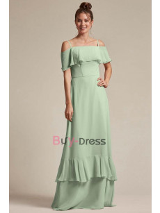 Sage Spaghetti Bateau Bridesmaids Dresses, Chiffon Prom Dresses for Beach Wedding, Brautjungfernkleider BD-037-4