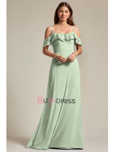 Sage Spaghetti Prom Dresses, Off the Shoulder Bridesmaids Dresses, Robes de demoiselle d'honneur BD-025-5