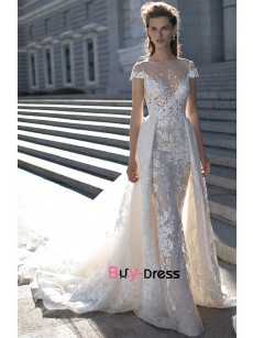 Sheath cap sleeves illusion neckline overskirt wedding dress, embroidery chapel train lace bride dresses bds-0006