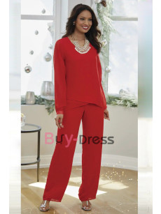 Simple 2 Piece Red Chiffon Mother of the Bride Pant suit TS019-2