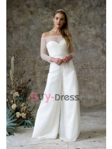 Simple Bateau Wedding Jumpsuits Dresses Modern Bridal Pantsuits WBJ135