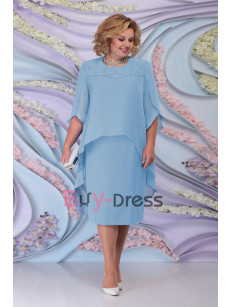 Sky Blue Chiffon Tea-Length Mother Of The Bride Dress Plus Size Outfit New Arrival MD2252-03
