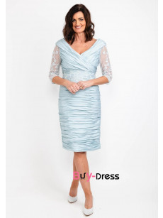 Sky Blue Lace Draped-Pleated-Bodice Mother Of The Bride Dresses, Half Sleeves Mother of the Groom Dresses MD0048-2
