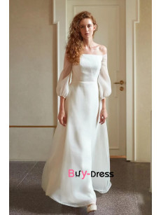 Sleeves Minimalist Wedding Dress, Off the Shoulder Wedding Dress, Organza Boho Wedding Gown, Civil Wedding Dresses, Modest Gown bjp-0009