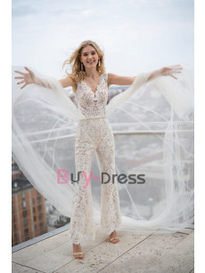Stunning Lace Wedding Jumpsuits With Tulle Overskirt , Beaded Waist Bridal Dresses WBJ122