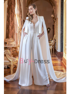 Stylish Wedding Jumpsuits with Long Cape Jacket , Wide Pantsuits for Bridal WBJ124