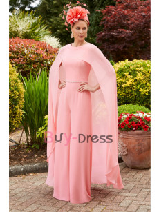 2022 Stylish Coral Long Chiffon Cape Mother of the Bride Jumpsuits with Beaded Belt Evening Dresses