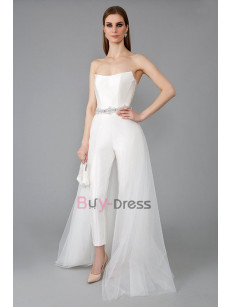 Stylish Detachable Tulle  Overskirt Wedding Satin Jumpsuit with Crystal Belt WBJ086