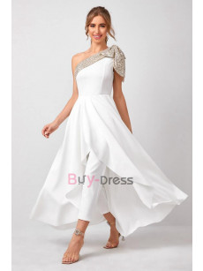 Stylish One Shoulder Overskirt Bridal Jumpsuit Wedding Pantsuit Dresses WBJ082