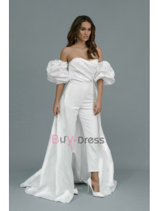 Stylish Overskirt Bridal Jumpsuit Puff Sleeves Wedding Dresses WBJ066