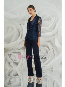 Three Piece Dark Navy Stylish Trouser Suit Mother of the Bride Pantsuit Wedding Wedding Party Dress TS068