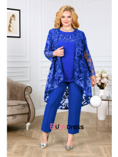 Three Piece Sets Royal Blue Plus Size Mother Of The Bride Pant Suit With Lace Jacket MD0030-2