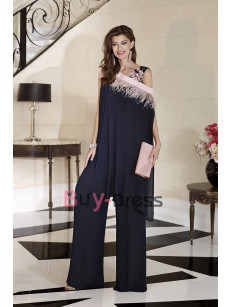 Unique Mother of the Bride Jumpsuit Off the Shoulder Cape with Feathers Dark Navy and Pink TS055