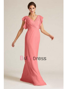 Watermelon Chiffon V-neck Empire Bridesmaids Dresses, Vestidos de damas de honor  BD-016-4