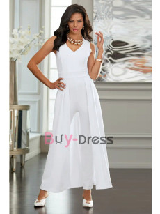 White Chiffon Mother of the Bride Jumpsuit with Overskirt TS022-01