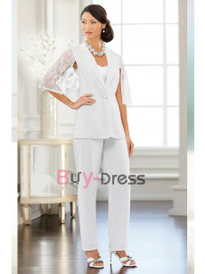 White Chiffon Pant Suit with Lace Cape for Mother of the Bride & Groon TS024