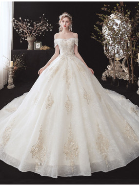 A-line Lace Wedding Dresses, Off the Shoulder Chapel Train Bridal Gowns GW-025