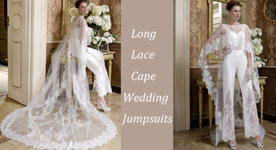 Long Lace Cape Wedding Jumpsuits